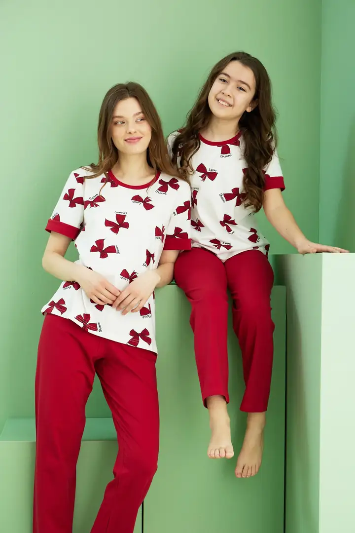 Ekru Desenli Pamuklu Bisiklet Yaka Örme Pijama Takım 25117076