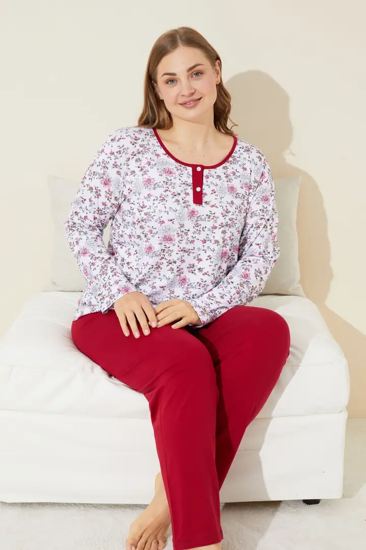 Düğmeli Pamuklu Curve Büyük Beden Battal Boy Örme Pijama Takım 24240657