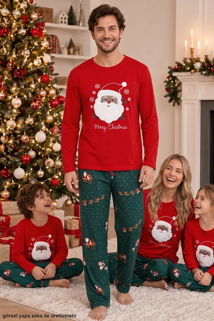 Yılbaşı Temalı Termal Kumaşlı Ultra Soft Yumuşak Baba-Oğul Örme Pijama Takımı 26225810-1 - Kırmızı