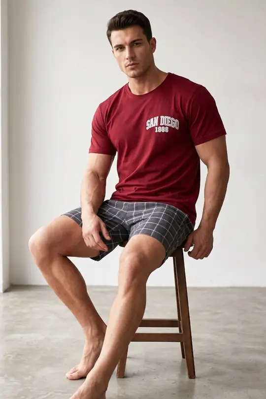 Örme Kısa Kollu Şortlu Pijama Takım 8005 - Bordo
