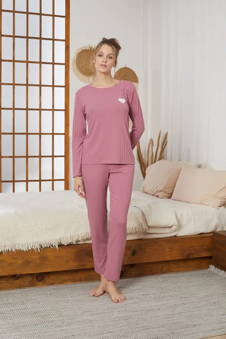 Kalp Nakışlı Fitilli Örme Pijama Takım 25226003