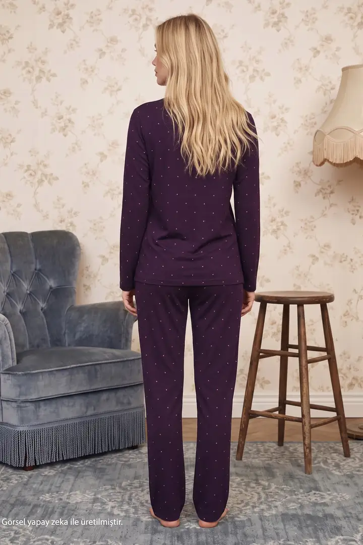 Mor Desenli Düğmeli Dantelli Viskon Örme Pijama Takım 26224681