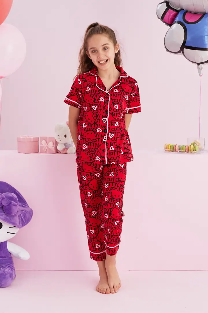 Lisanslı %100 Pamuk Çok Renkli Düğmeli Biyeli Pijama Takım