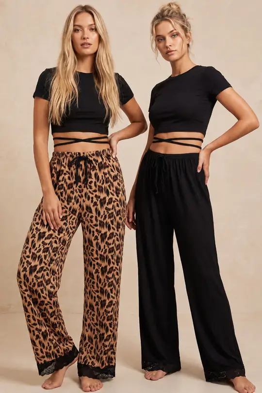 2'li Fiyonk Desenli Yumuşak Tuşe Kışlık Örme Tek Alt Pijama Altı 8074 - siyah leopar
