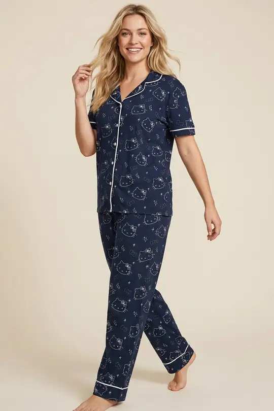 Hello Kitty Lisanslı %100 Pamuk Pembe Çok Renkli Düğmeli Biyeli Pijama Takım 26120451 - LACİVERT