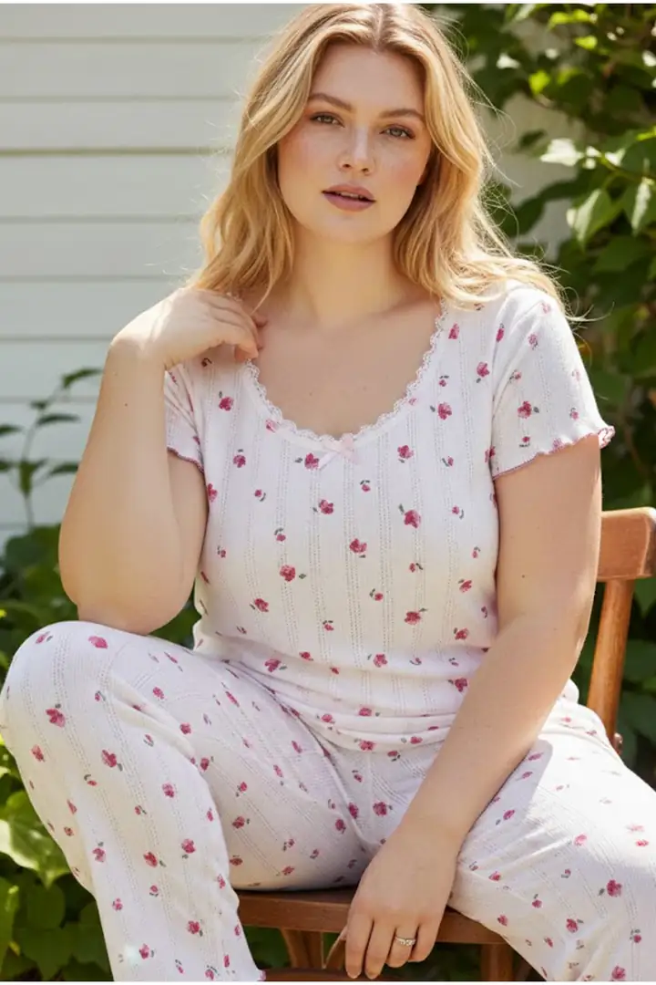 Pamuklu Pointel Ajurlu/Delikli Büyük Beden Örme Pijama Takım 26120891