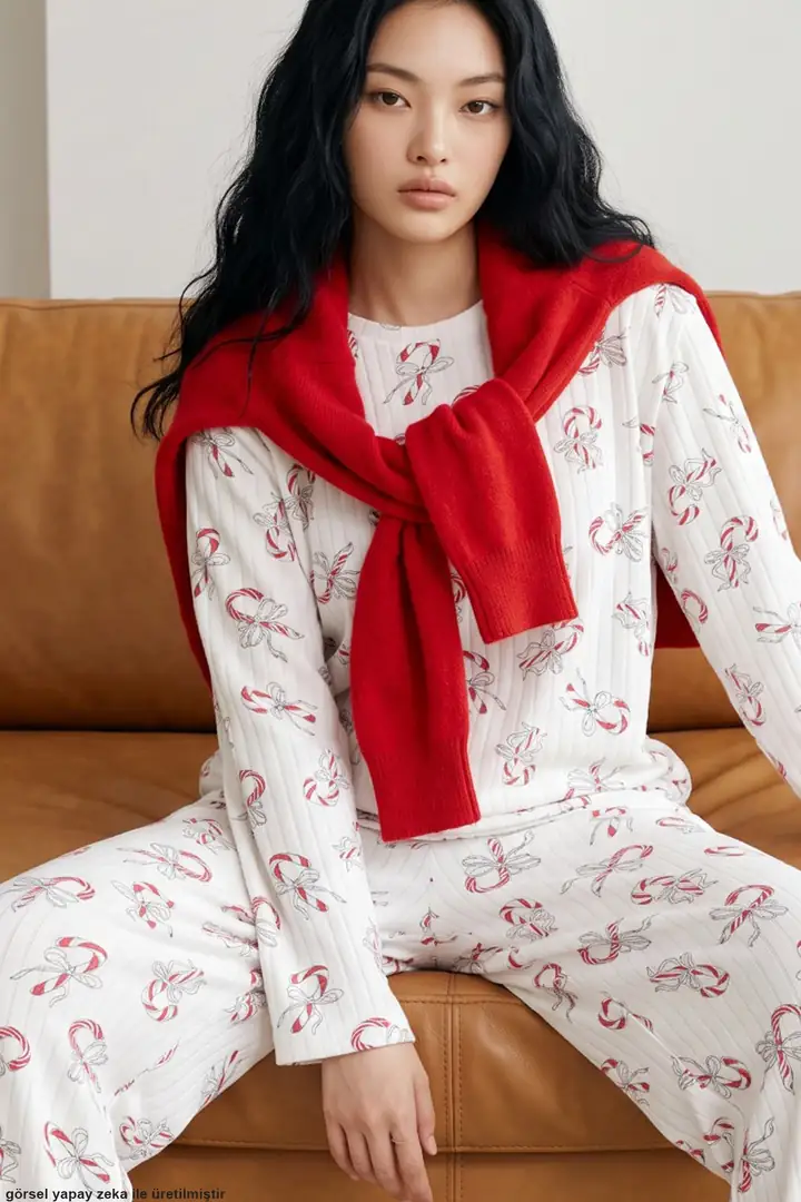 Desenli Yumuşak Tuşe Kışlık Fitilli Pamuklu Örme Pijama Takım 8100