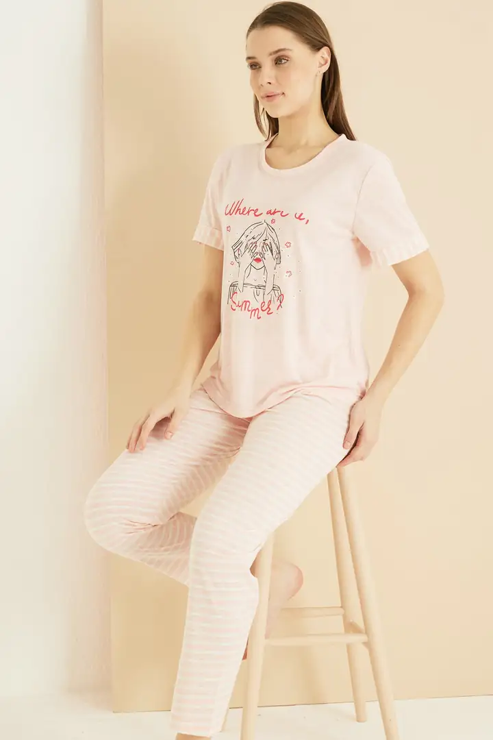 Pamuklu Bisiklet Yaka Örme Pijama Takım 25103225