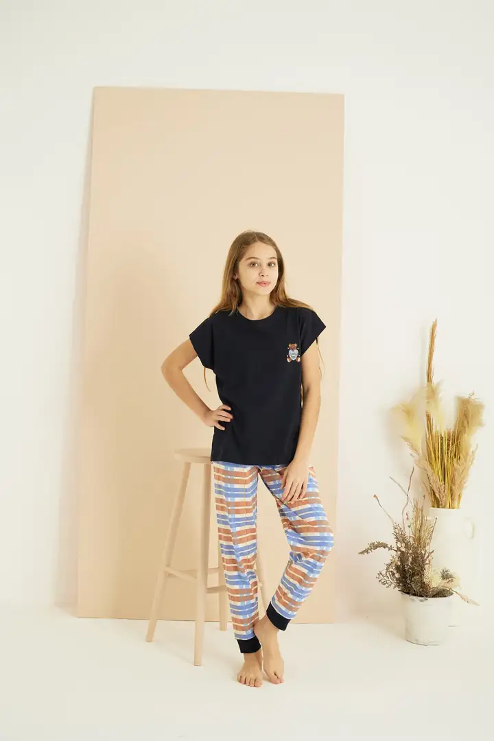 Lacivert Desenli Pamuklu Bisiklet Yaka Örme Pijama Takım 25107135