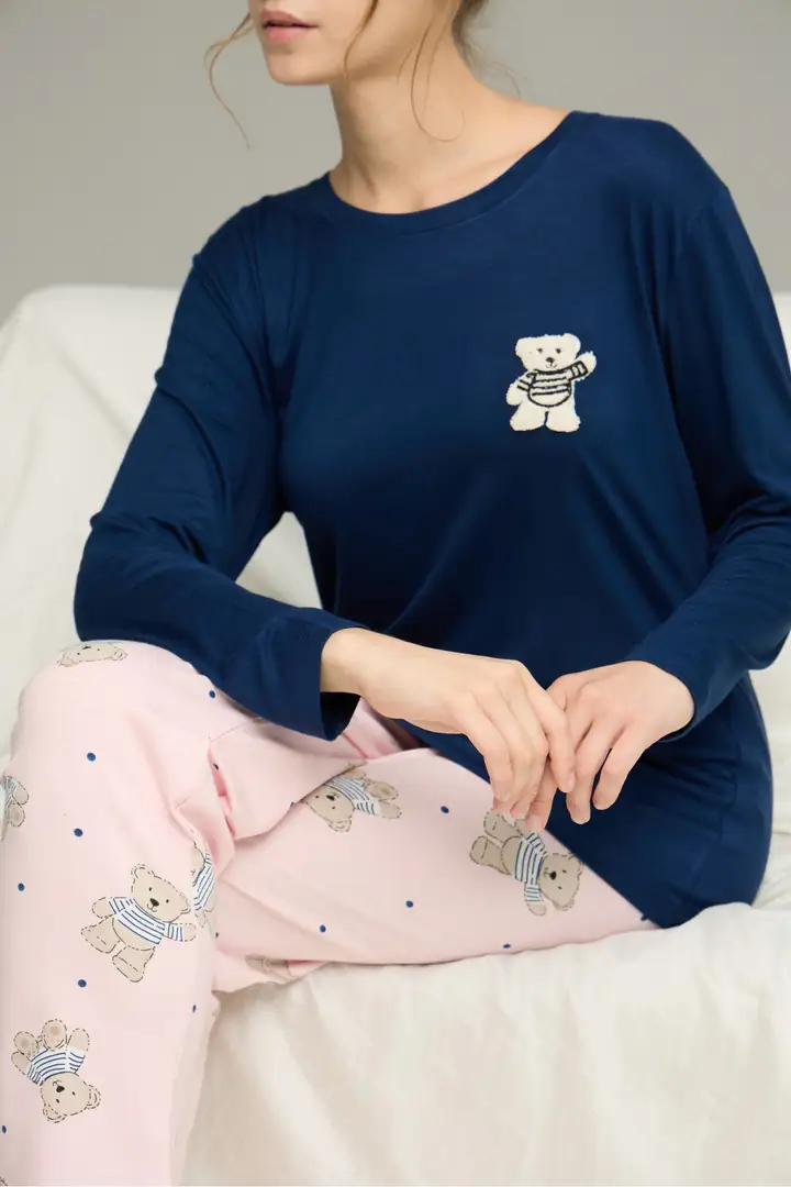 Pamuklu Bisiklet Yaka Örme Pijama Takım25241146