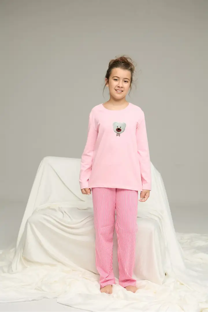 Pembe Çizgi Desenli Pamuklu Bisiklet Yaka Örme Pijama Takım 25241138