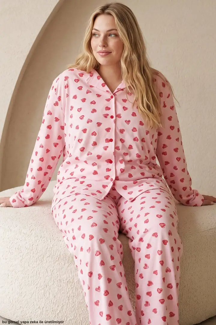 Baskılı Büyük Beden Battal Boy Düğmeli Örme Pijama Takım 8090 - kırmızı kalp