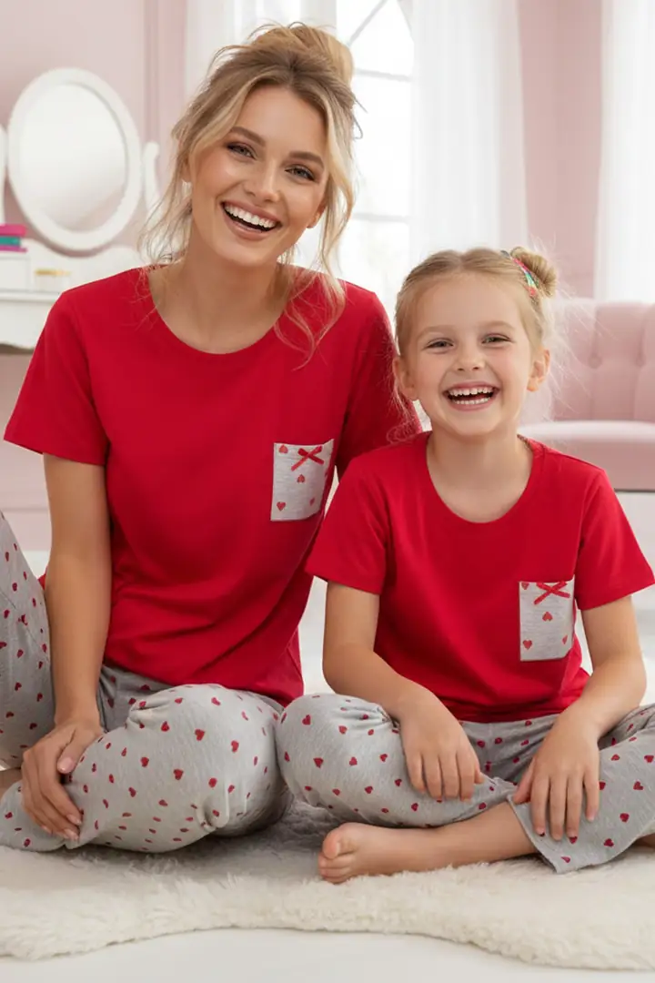 Kırmızı Desenli Pamuklu Bisiklet Yaka Örme Pijama Takım