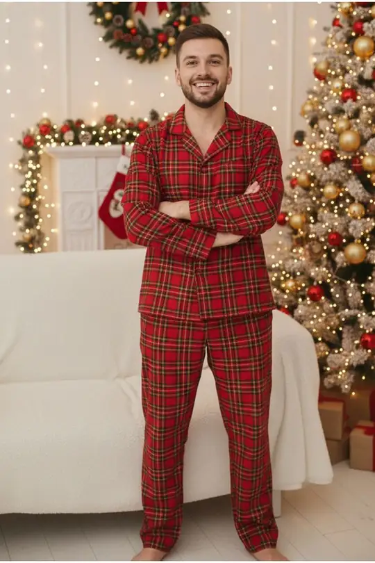 Erkek Ekoseli %100 Pamuklu Örme Düğmeli Pijama Takım 7985 - kırmızı ekose