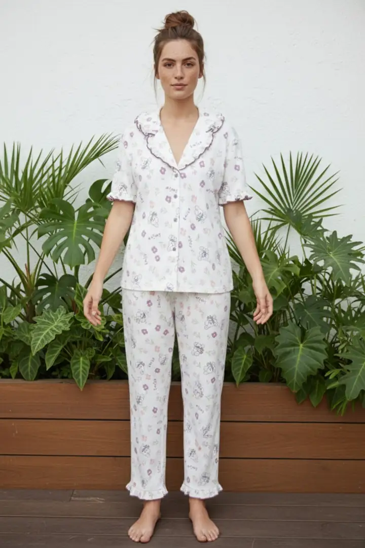 Fırfırlı Bürümcük-Krınkıl Kısa Kollu Düğmeli Pijama Takım 26120528