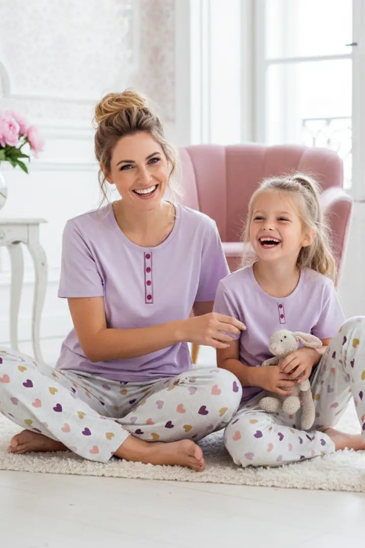 Lila Desenli Pamuklu Bisiklet Yaka Örme Pijama Takım