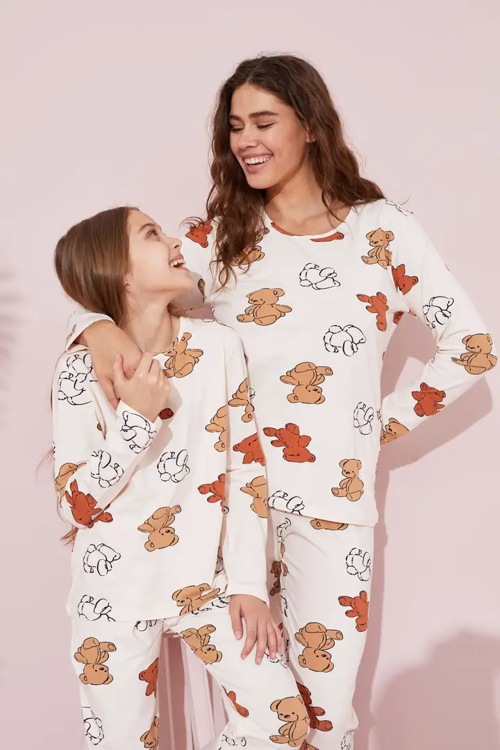 Ekru Ayıcık Desenli Pamuklu Örme Pijama Takım 24241081