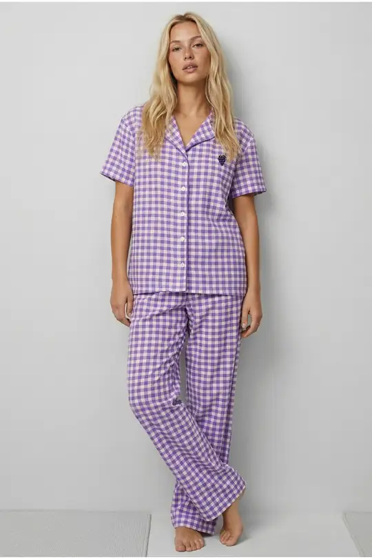 Düğmeli Biyeli İnce Soft Örme Pijama Takımı 8001 - mor ekose