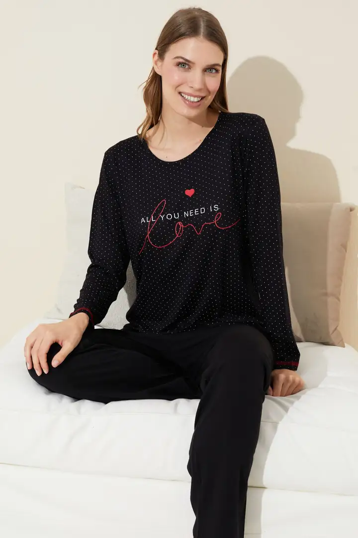 Siyah Baskılı Pamuklu Örme Pijama Takım 24240116