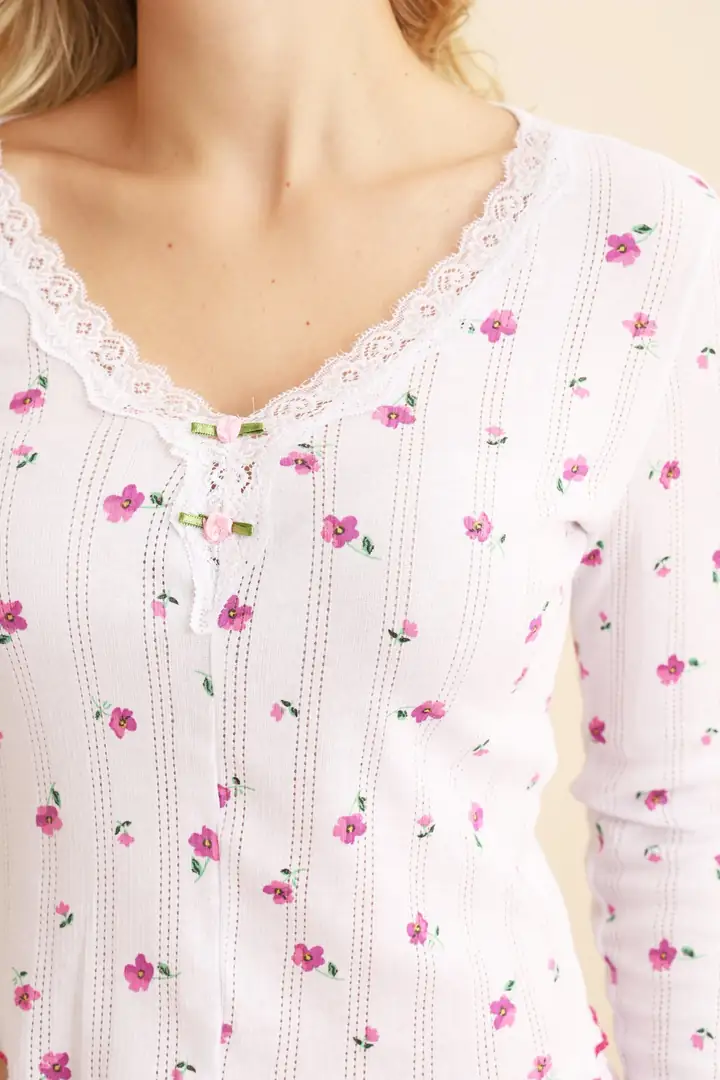 Pamuklu Delikli Dantelli Örme Pijama Takım 7928-6