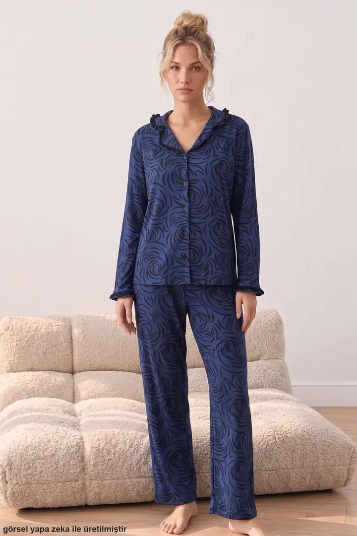 Desenli Bürümcük-Krınkıl Düğmeli Fırfırlı Pijama Takım 26223941-8 - lacivert desenli