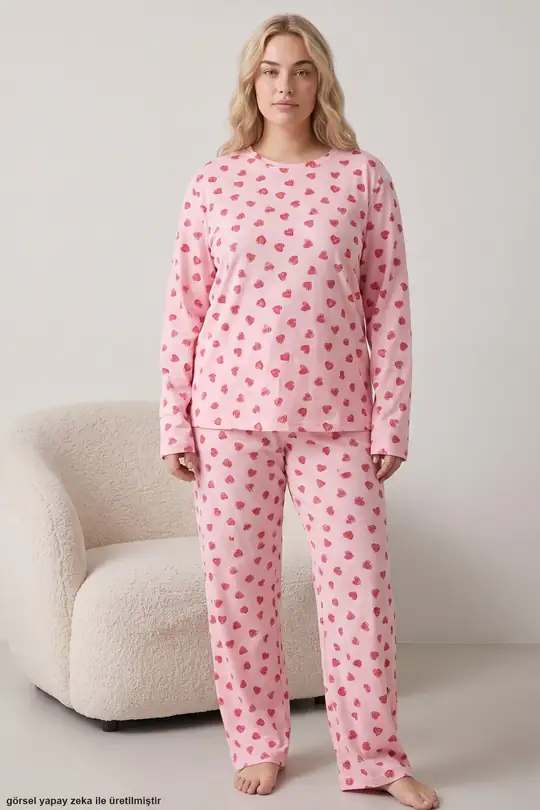 Baskılı Büyük Beden Battal Boy Örme Pijama Takım 8089 - kırmızı kalp