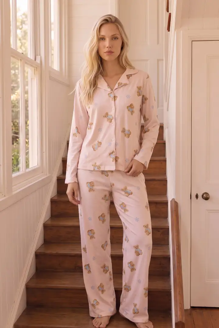 Desenli Termal Kumaşlı Ultra Soft Yumuşak Düğmeli Örme Pijama Takımı 26226812