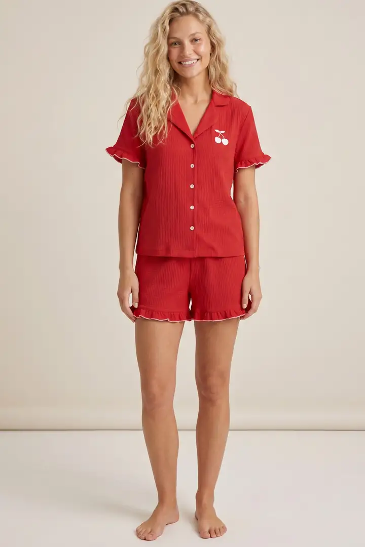 Nakışlı Bürümcük-Krınkıl Kısa Kollu Düğmeli Şortlu Pijama Takım 8058