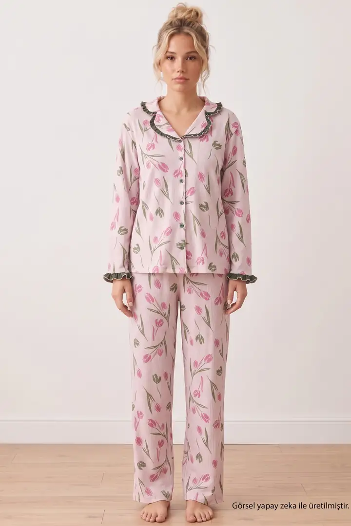 Desenli Bürümcük-Krınkıl Düğmeli Fırfırlı Pijama Takım 26223941-8 - pembe lale