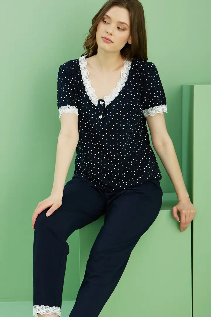 V Yaka Düğmeli Örme Pamuklu Pijama Takım25113259