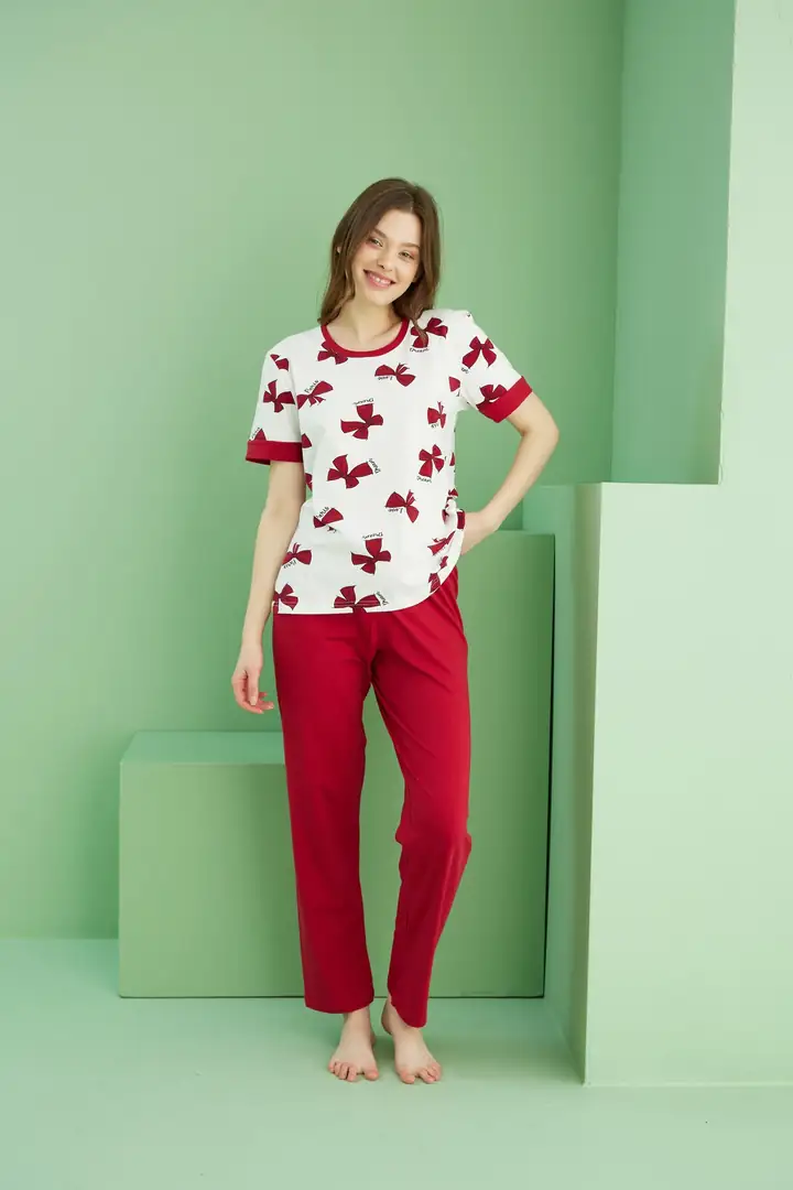 Pamuklu Bisiklet Yaka Örme Pijama Takım25117076