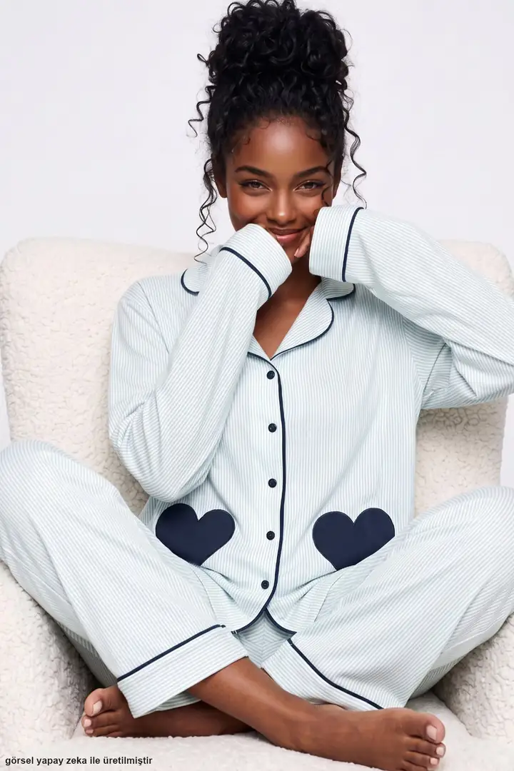 Çizgi Desenli Kalp Nakışlı Yumuşak Tuşe Kışlık Düğmeli Biyeli Örme Pijama Takımı 8084