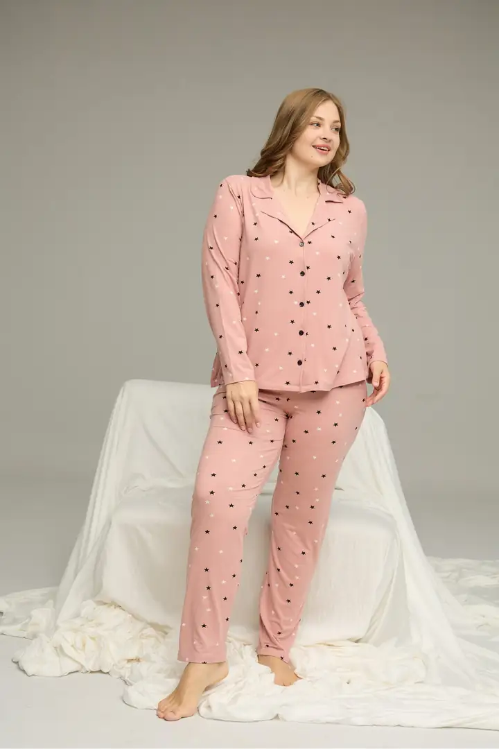 Beden Battal Boy Gömlek Yaka Düğmeli Milan Örme Pijama Takım25224322