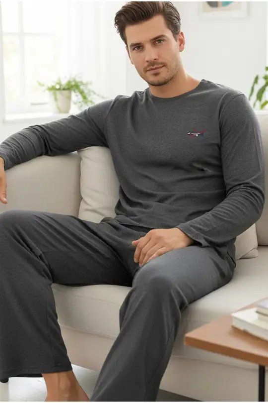 Uzun Kollu Örme Erkek Pijama Takım 7795 - füme