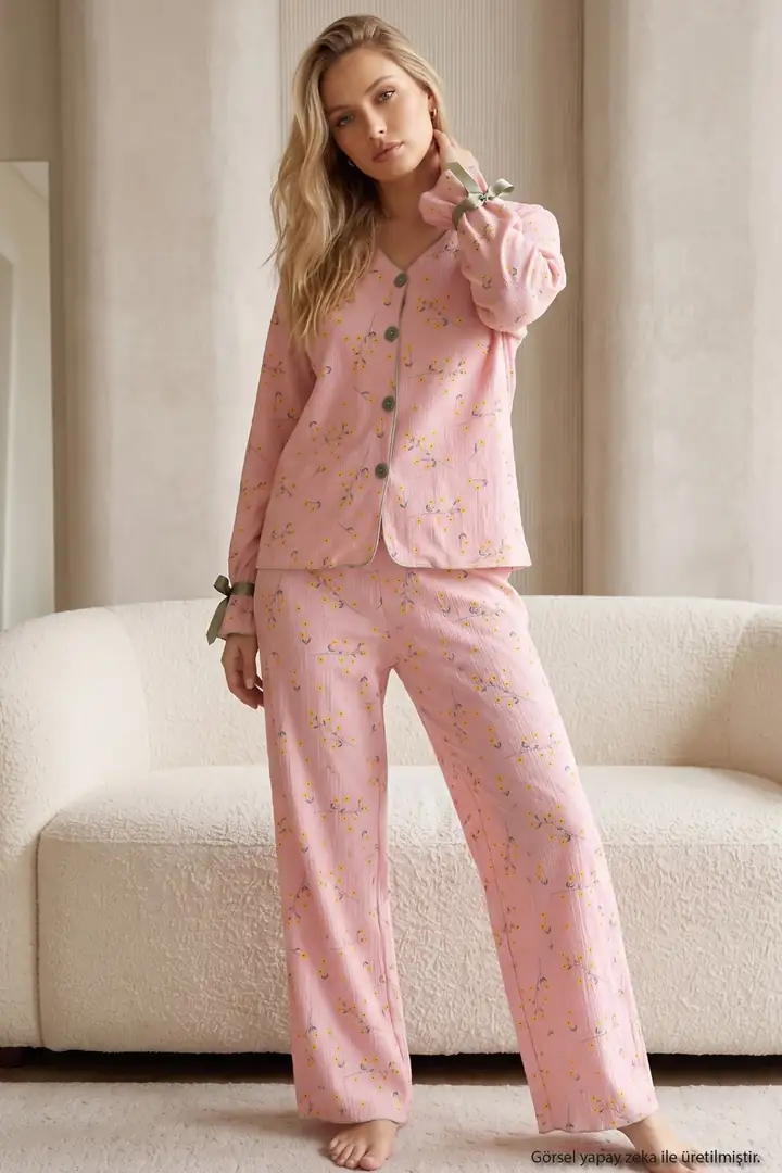 Somon Çiçek Desenli Bürümcük-Krınkıl Kurdele Detaylı Düğmeli Hırka Pijama Takım 26223921-9
