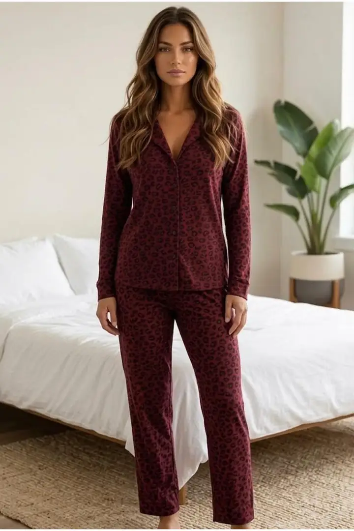 Bordo Siyah Leopar Baskılı Düğmeli Örme Pijama Takım 7611