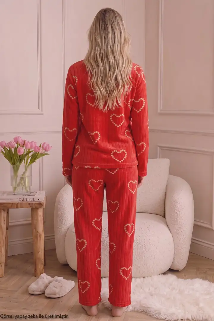 Kırmızı Nakışlı Alt-Üst Polar Kışlık Örme Pijama Takım 26222115