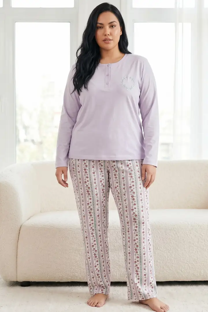 Nakışlı Düğmeli Pamuklu Likralı Büyük Beden Battal Boy Örme Pijama Takım 26240950