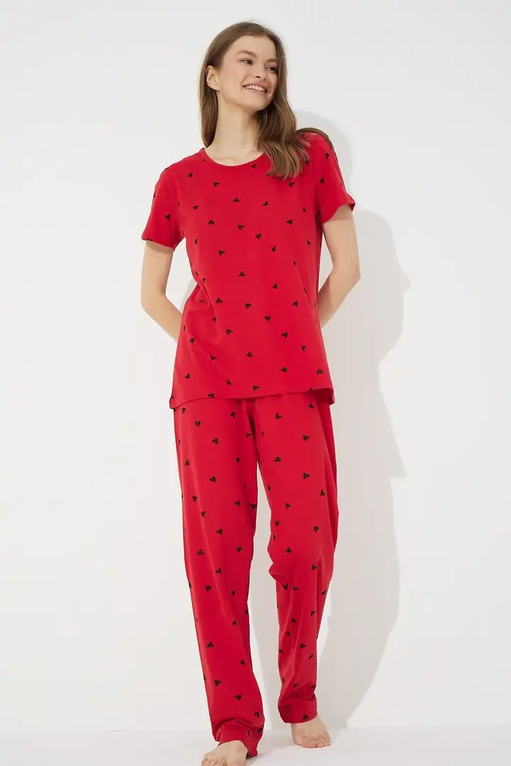 Kırmızı Kısa Kollu Pamuklu Pijama Takımı