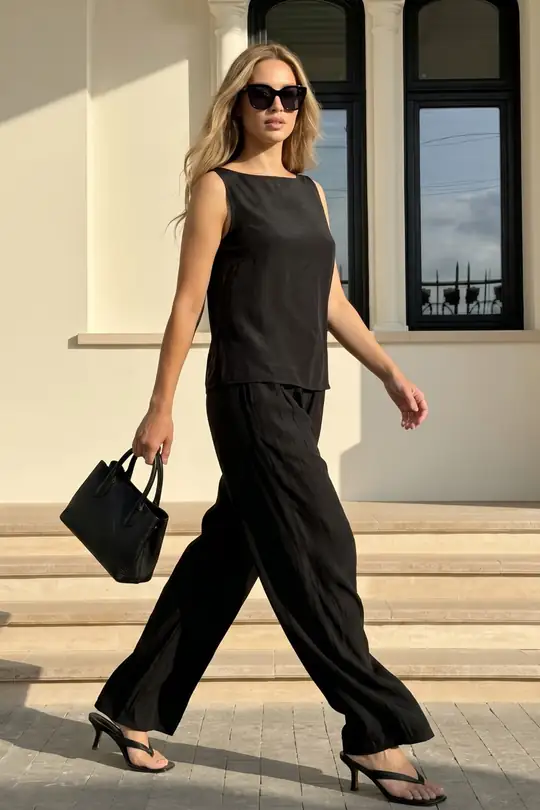 Kalın Askılı Bluz Beli Lastikli Pantolon Dokuma Modal Alt-Üst Takım 8051 - Siyah