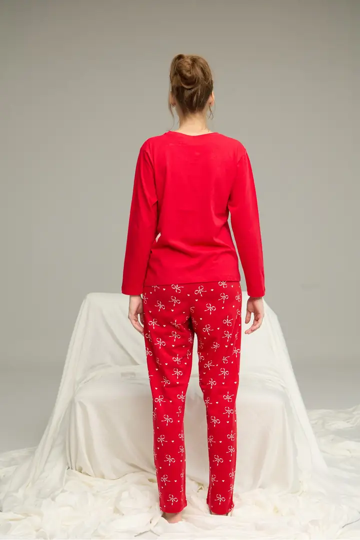 Kırmızı Kurdele Desenli Pamuklu Bisiklet Yaka Örme Pijama Takım 25241155