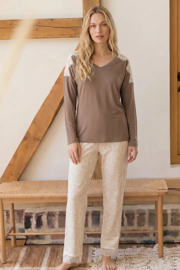 Vizon Desenli V Yaka Dantelli Viskon Örme Pijama Takım 26224666