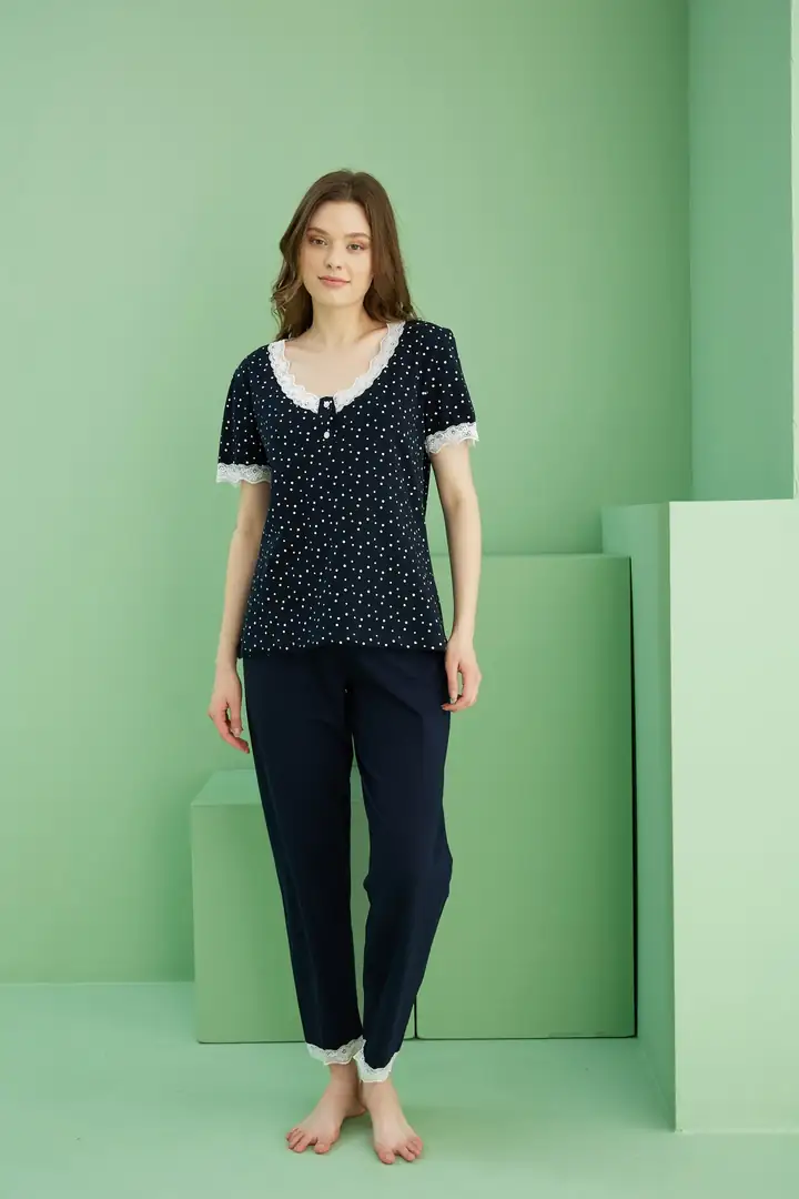 V Yaka Düğmeli Örme Pamuklu Pijama Takım25113259