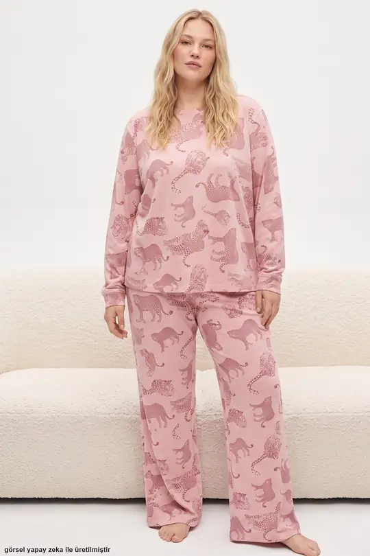 Baskılı Büyük Beden Battal Boy Örme Pijama Takım 8089 - pudra leopar