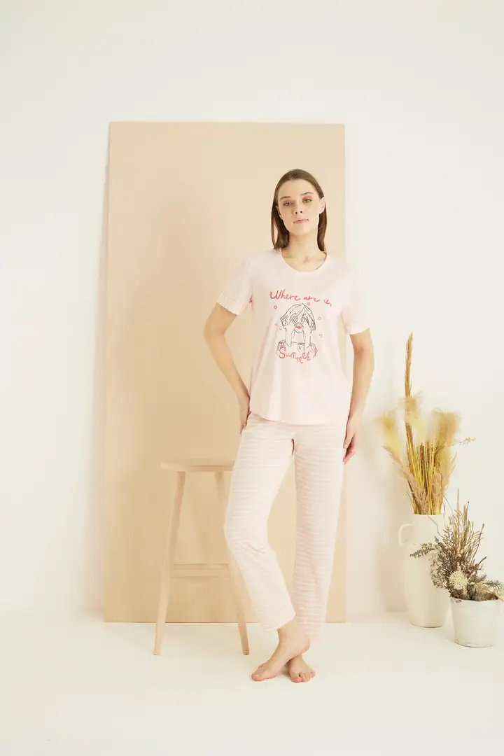 Pamuklu Bisiklet Yaka Örme Pijama Takım25103225
