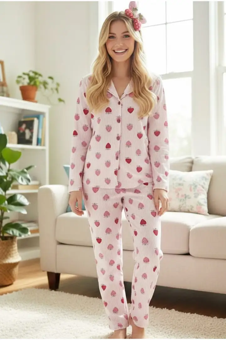 Mevsimlik İnce Düğmeli Örme Pijama Takım 7978