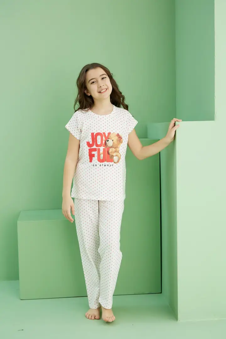 Ekru Desenli Pamuklu Bisiklet Yaka Örme Pijama Takım 25117080