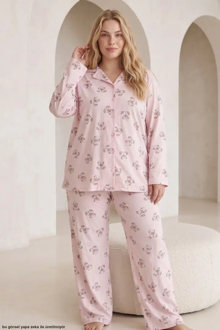 Baskılı Büyük Beden Battal Boy Düğmeli Örme Pijama Takım 8090 - pembe ayıcık