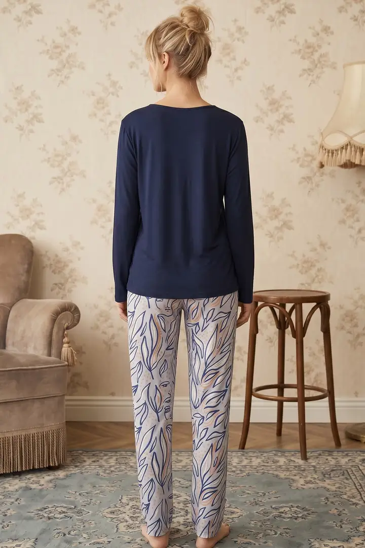 Lacivert Desenli V Yaka Viskon Örme Pijama Takım 26224630