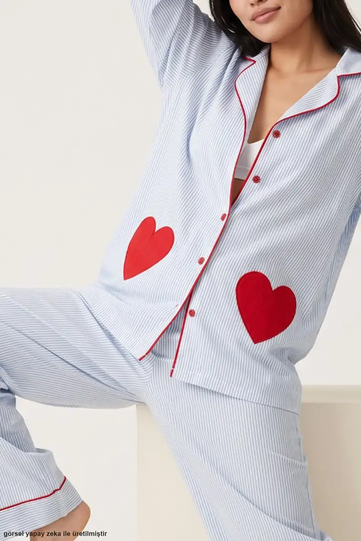 Çizgi Desenli Kalp Nakışlı Yumuşak Tuşe Kışlık Düğmeli Biyeli Örme Pijama Takımı 8084
